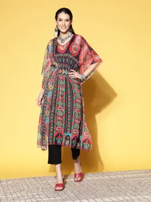 V Neck Chiffon All Over Mixed Ethnic & Paisley Print MultiColor Fit & Flare Kaftan Set For Women - ZOLA