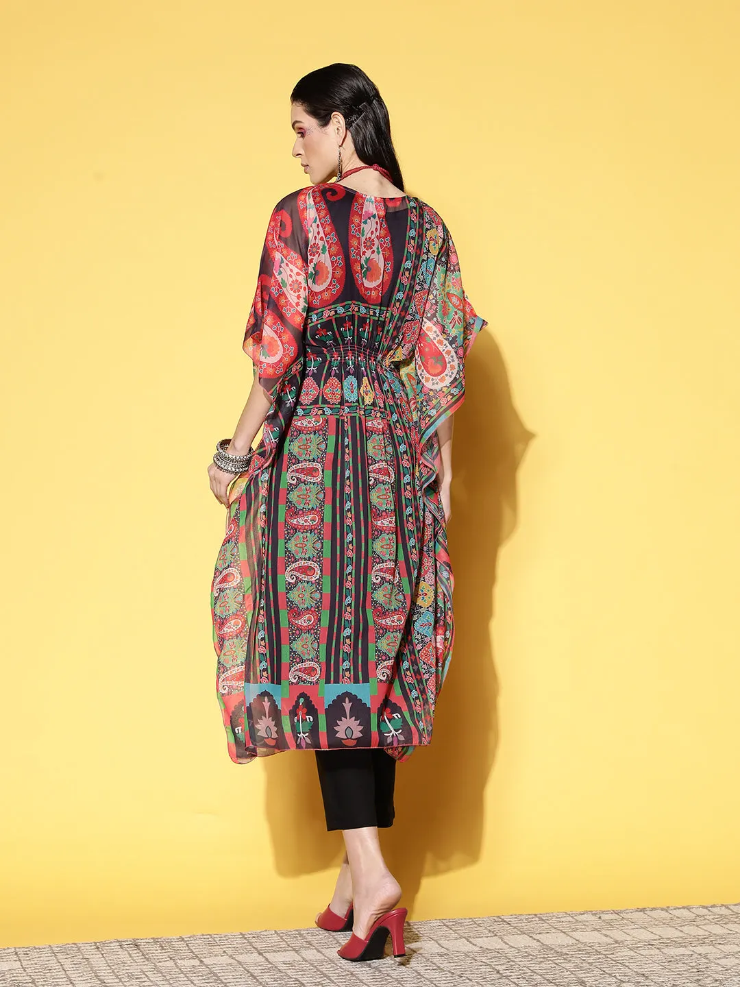 V Neck Chiffon All Over Mixed Ethnic & Paisley Print MultiColor Fit & Flare Kaftan Set For Women - ZOLA