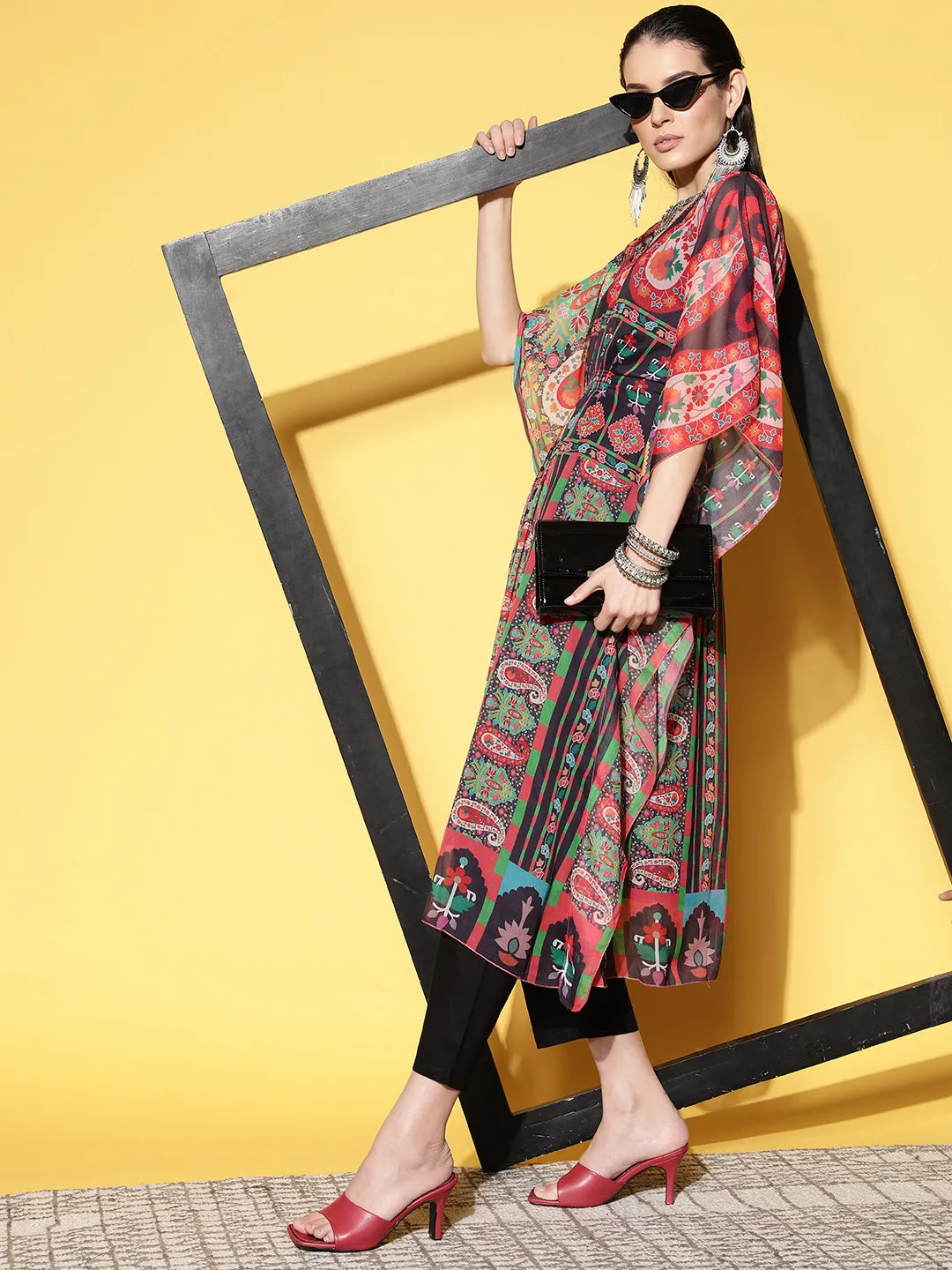 V Neck Chiffon All Over Mixed Ethnic & Paisley Print MultiColor Fit & Flare Kaftan Set For Women - ZOLA