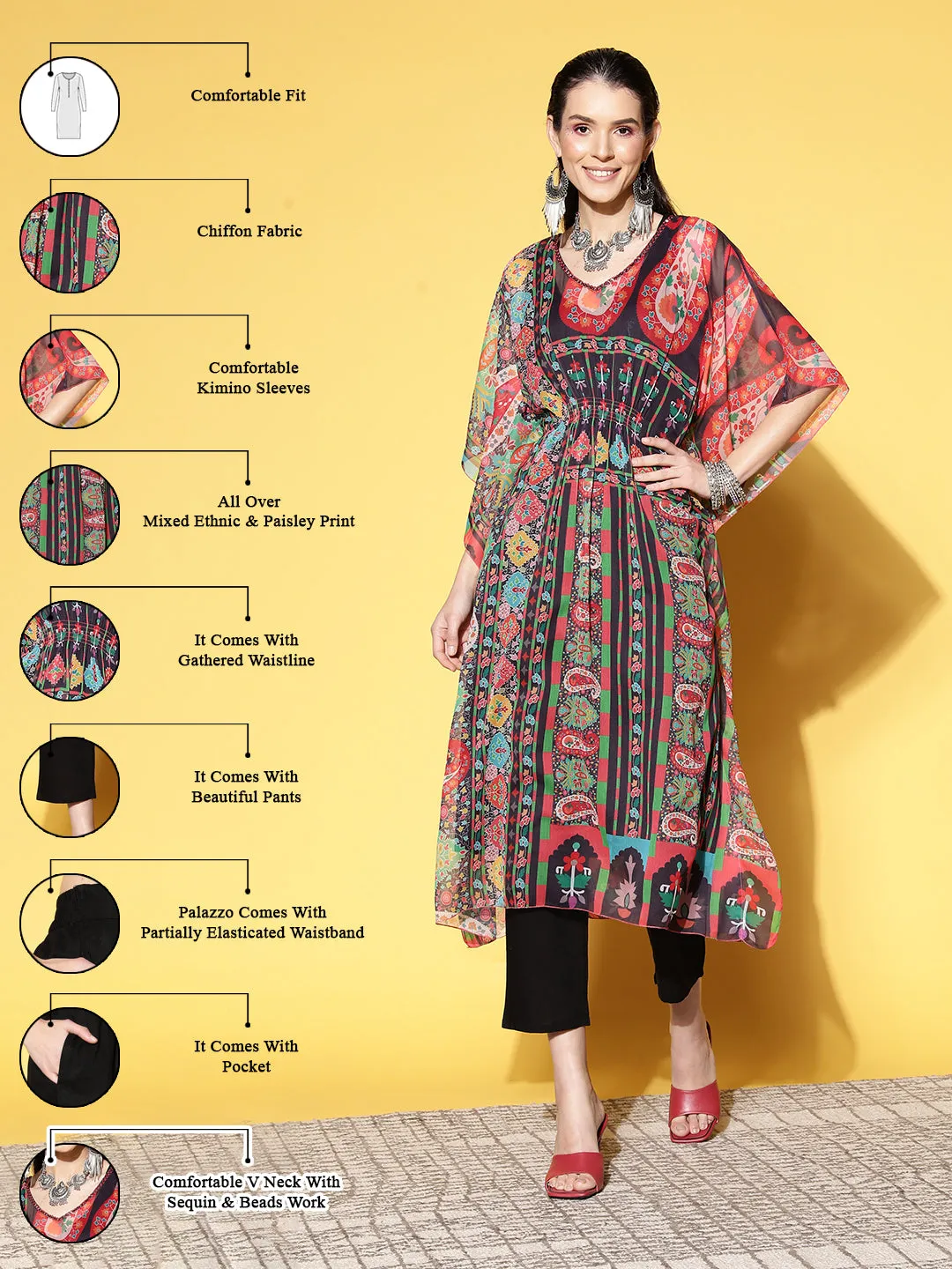 V Neck Chiffon All Over Mixed Ethnic & Paisley Print MultiColor Fit & Flare Kaftan Set For Women - ZOLA