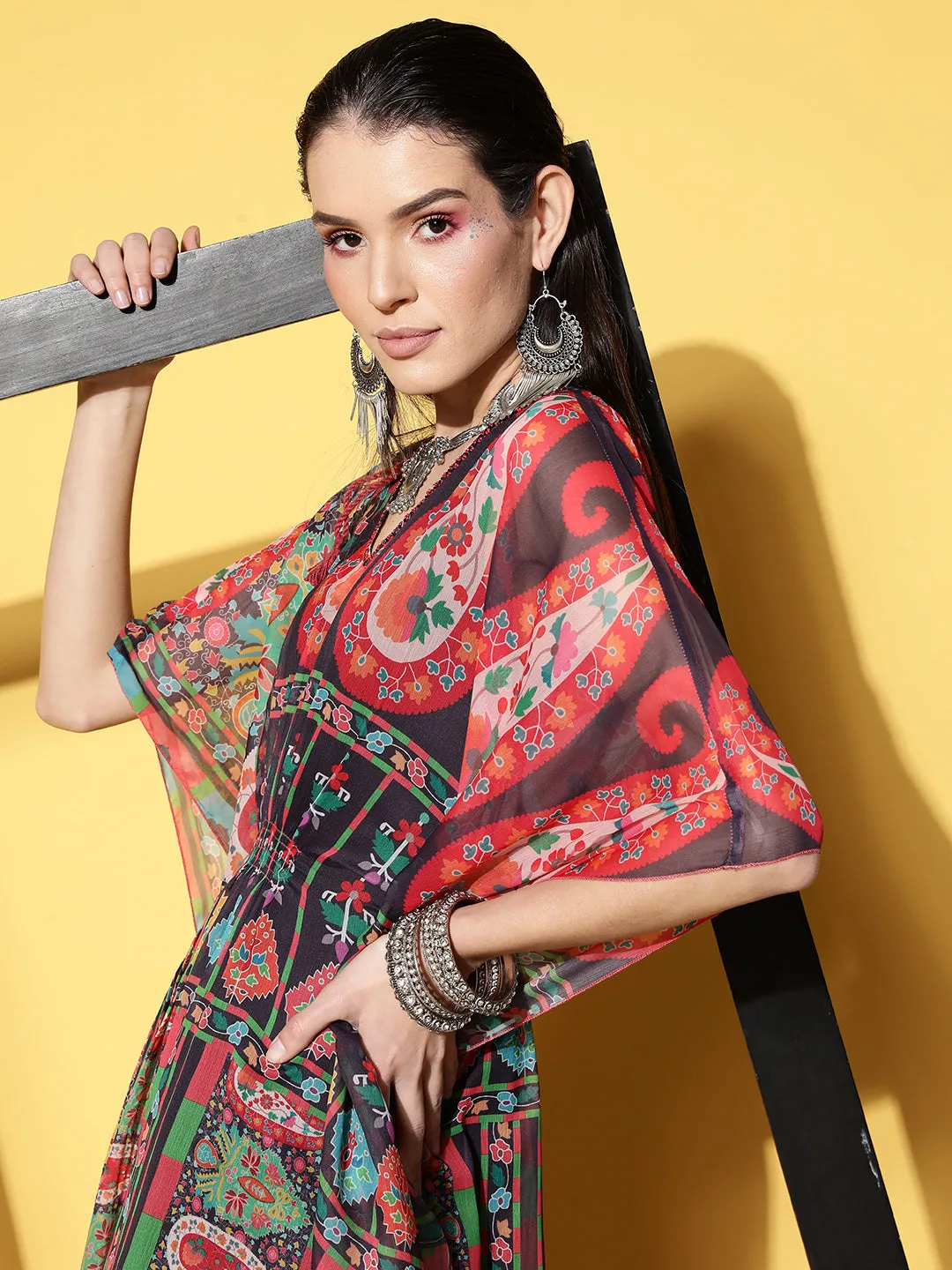 V Neck Chiffon All Over Mixed Ethnic & Paisley Print MultiColor Fit & Flare Kaftan Set For Women - ZOLA