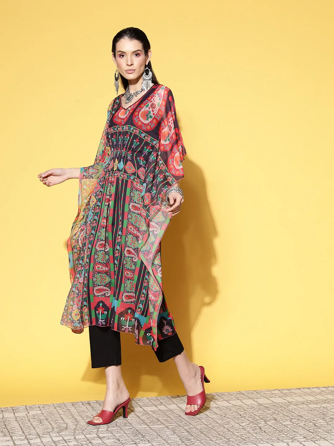 V Neck Chiffon All Over Mixed Ethnic & Paisley Print MultiColor Fit & Flare Kaftan Set For Women - ZOLA