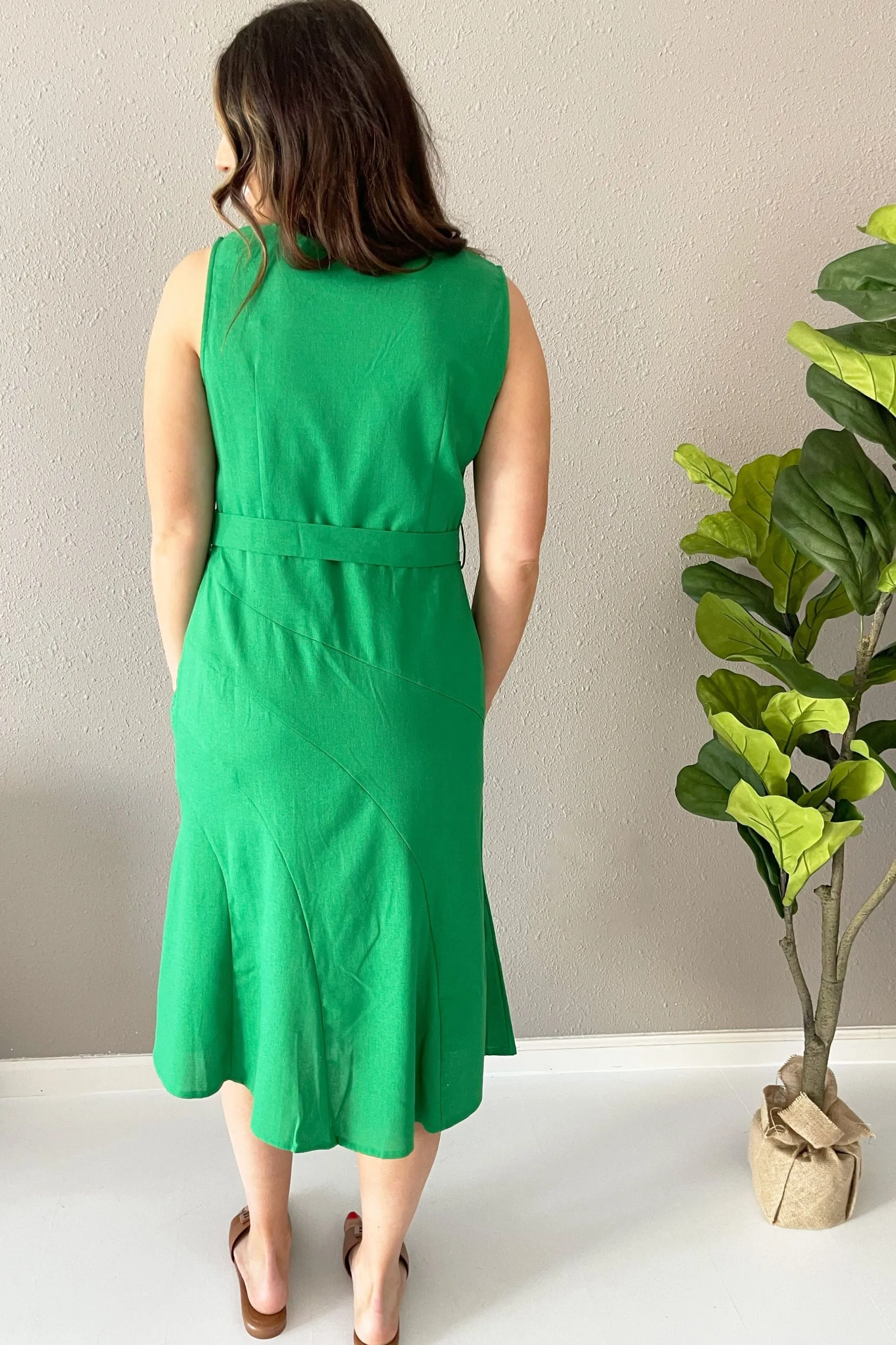 V Neck Linen Flounce Dress