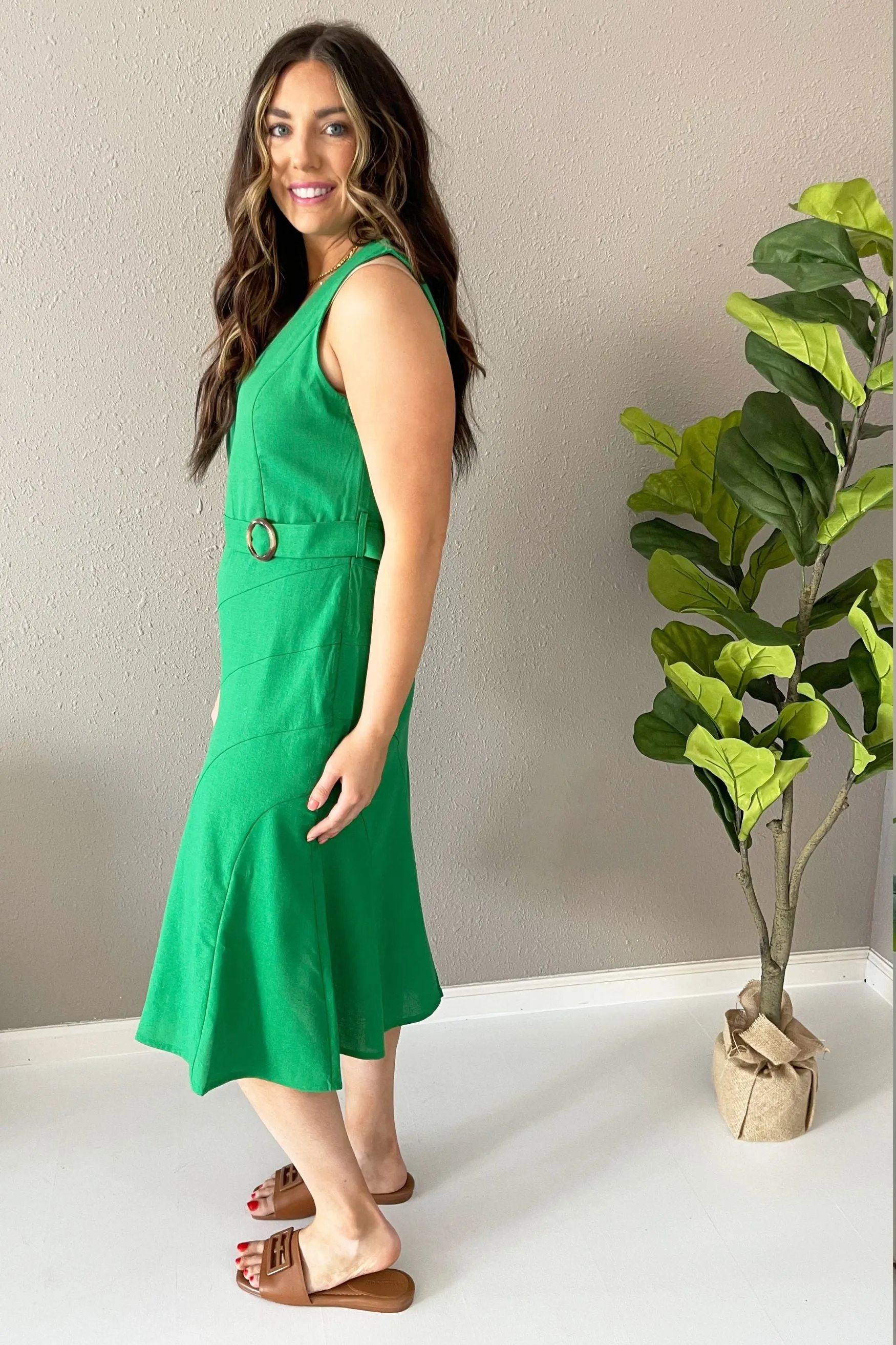 V Neck Linen Flounce Dress