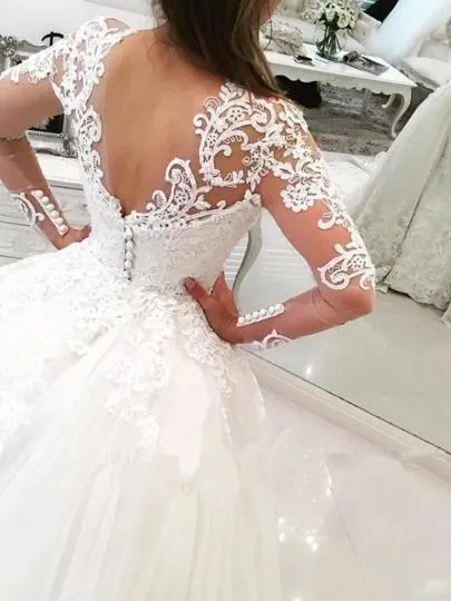 V-Neck Long Sleeves Appliques Watteau Train Wedding Dress  WD167