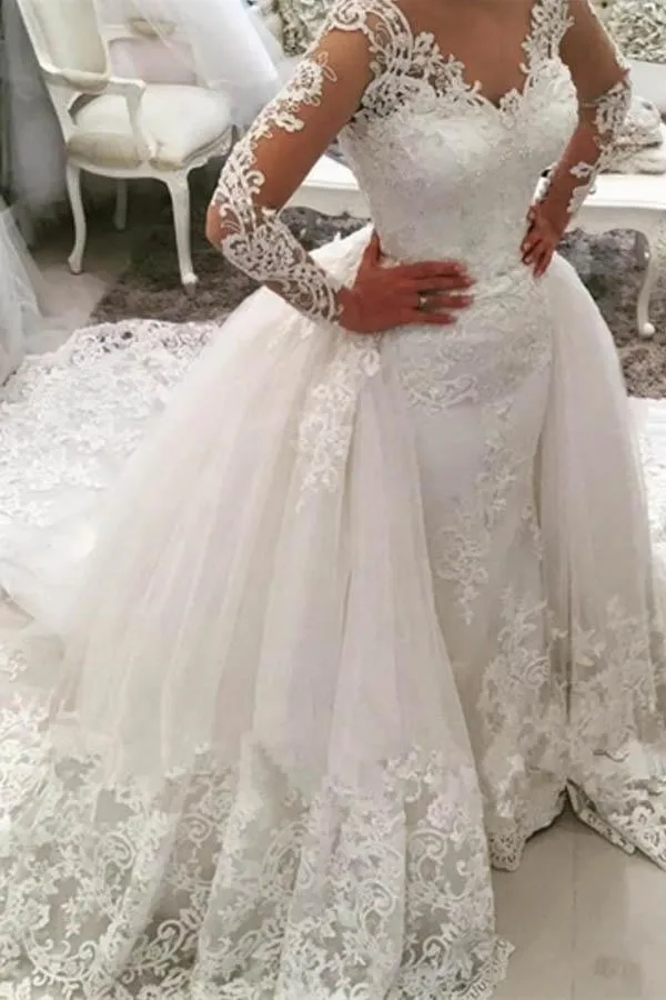 V-Neck Long Sleeves Appliques Watteau Train Wedding Dress  WD167