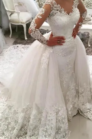 V-Neck Long Sleeves Appliques Watteau Train Wedding Dress  WD167