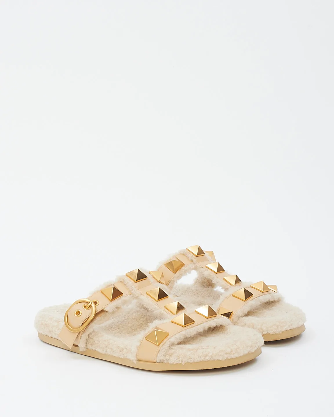 Valentino Beige Roman Stud Leather And Shearling Slide Sandals - 40