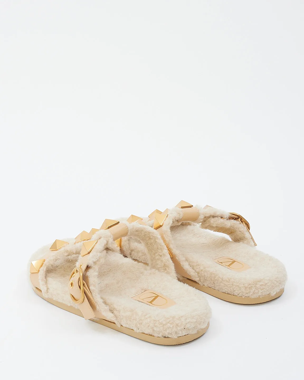 Valentino Beige Roman Stud Leather And Shearling Slide Sandals - 40