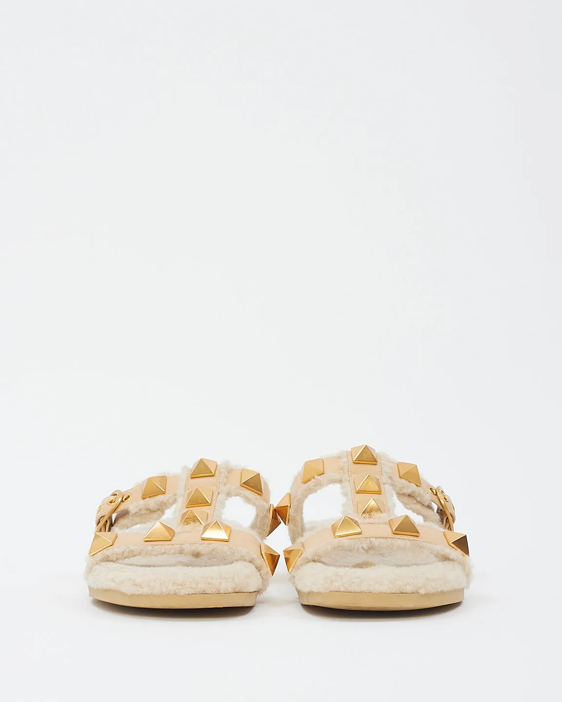 Valentino Beige Roman Stud Leather And Shearling Slide Sandals - 40