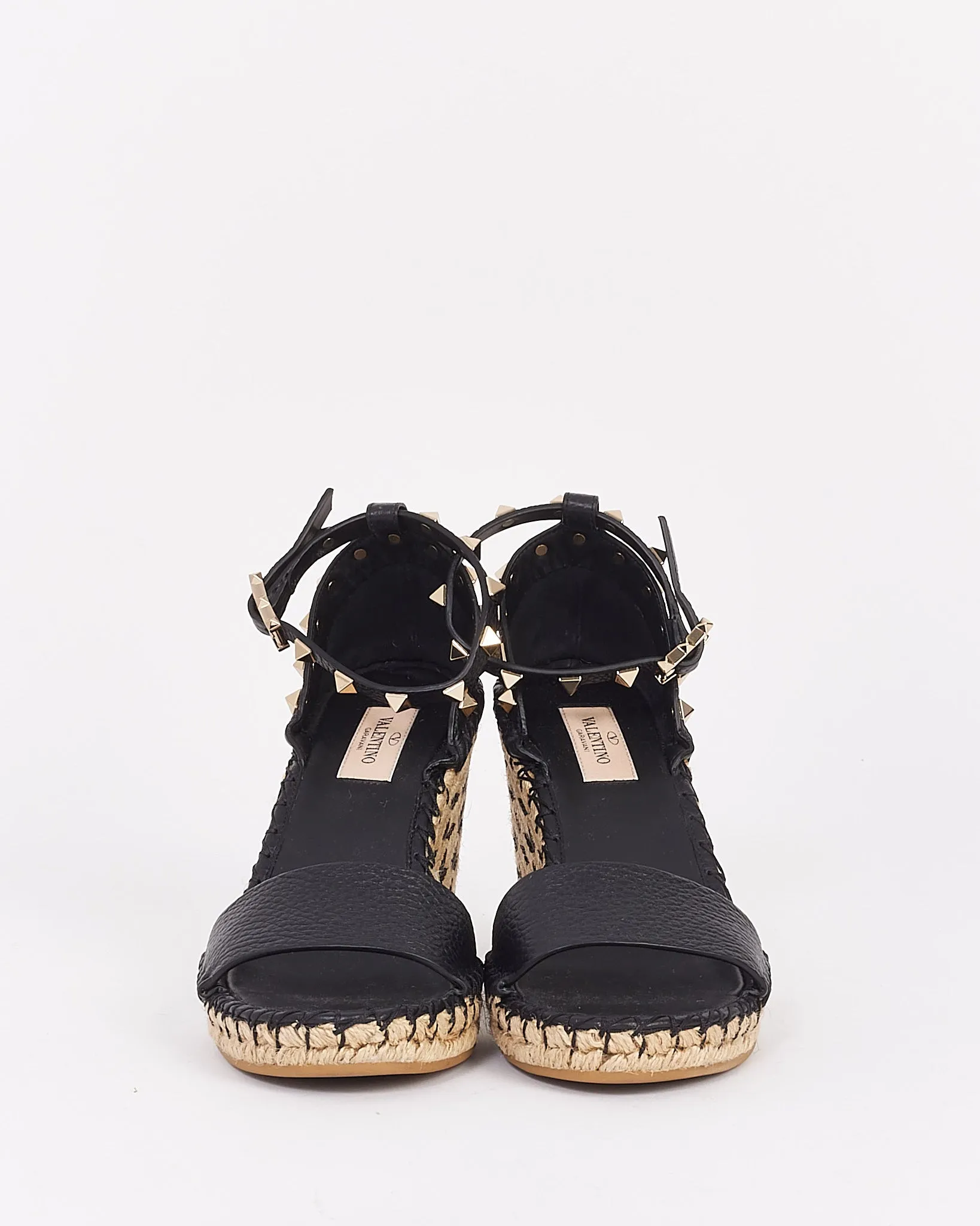 Valentino Black Rockstud Leather Espadrille Wedges - 38