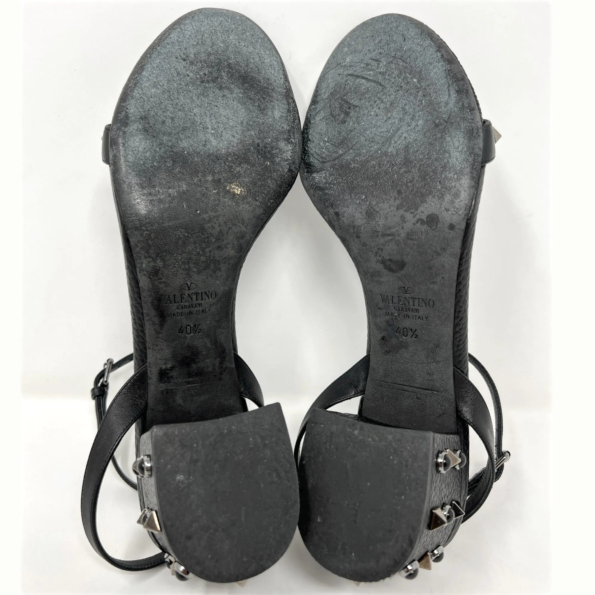 Valentino Black Textured Pebbled Leather Rolling Rockstud Block Heel Sandals Size EU 40.5