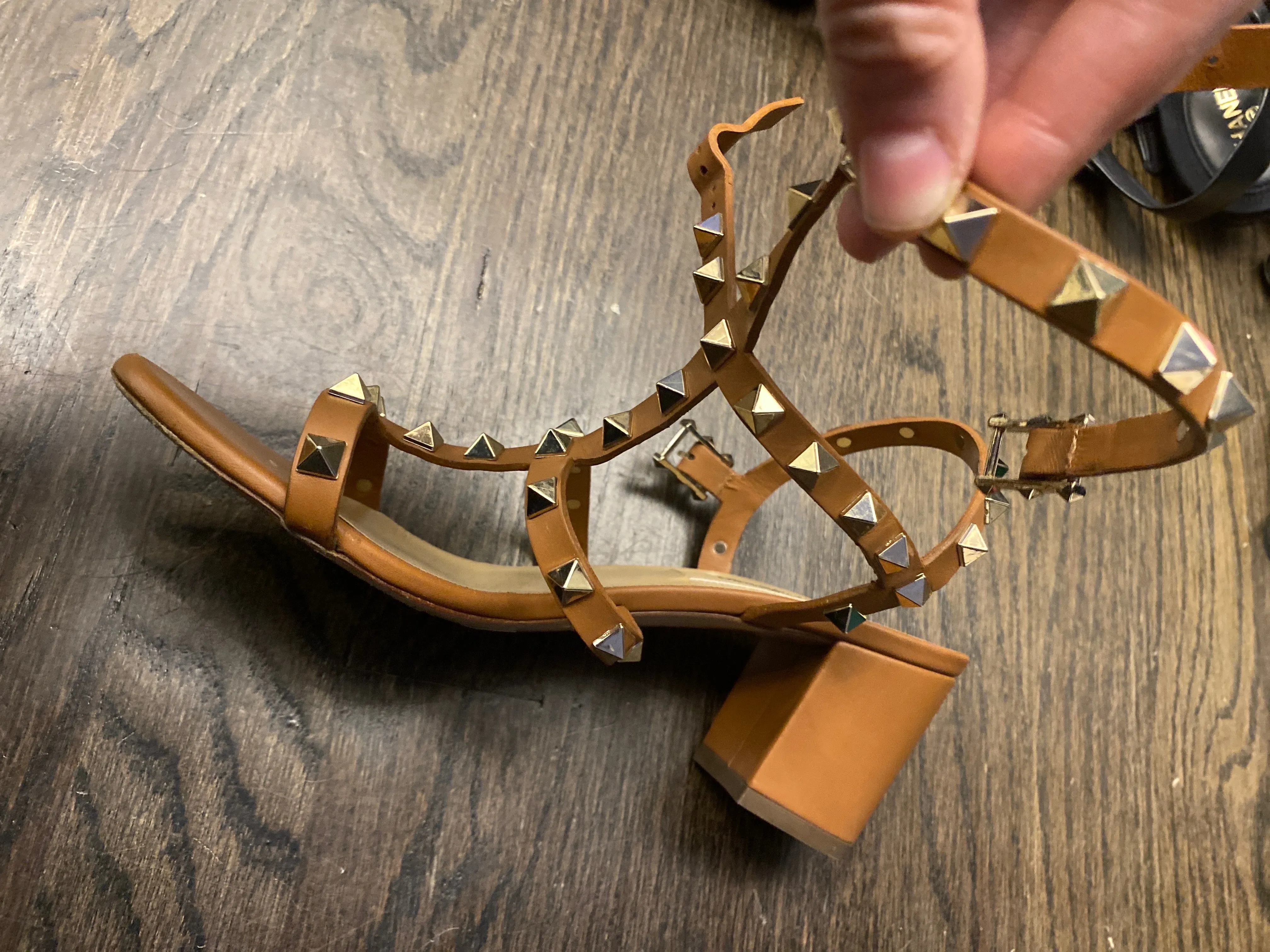 Valentino Cognac Rockstud Ankle Strap Block Heel Sandal