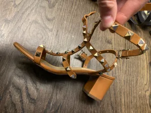 Valentino Cognac Rockstud Ankle Strap Block Heel Sandal