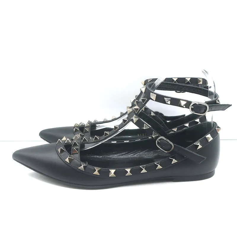 Valentino Noir Rockstud Caged Ballet Flats Black Leather Size 37.5