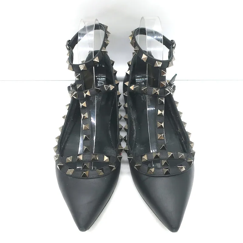 Valentino Noir Rockstud Caged Ballet Flats Black Leather Size 37.5