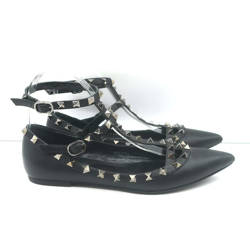 Valentino Noir Rockstud Caged Ballet Flats Black Leather Size 37.5