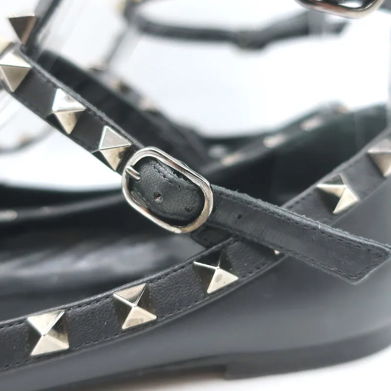Valentino Noir Rockstud Caged Ballet Flats Black Leather Size 37.5