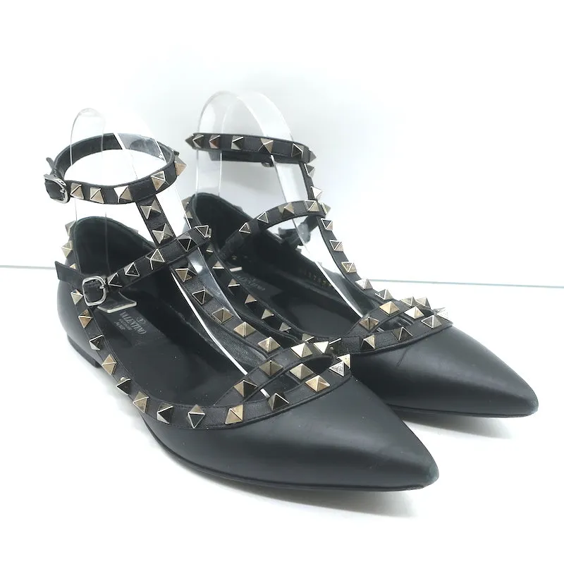 Valentino Noir Rockstud Caged Ballet Flats Black Leather Size 37.5