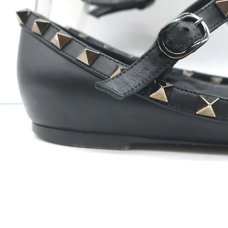 Valentino Noir Rockstud Caged Ballet Flats Black Leather Size 39