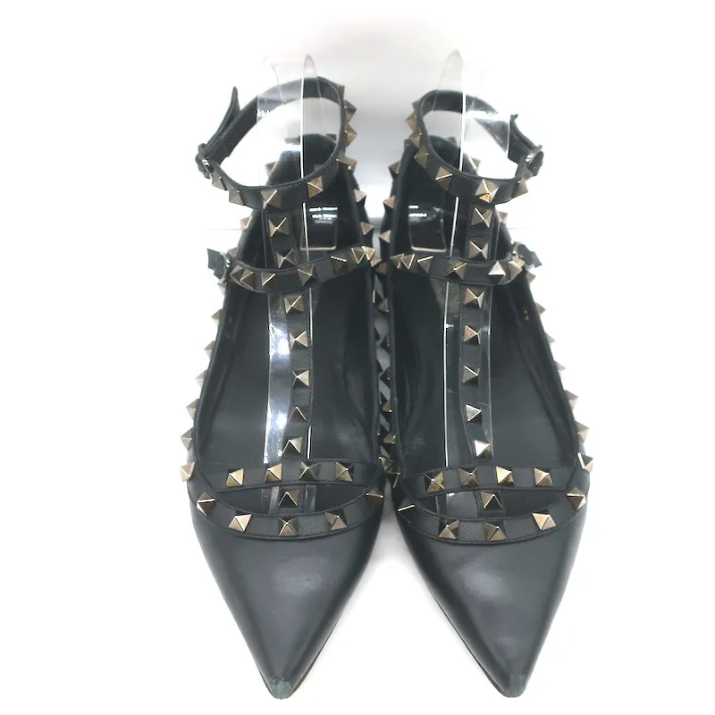 Valentino Noir Rockstud Caged Ballet Flats Black Leather Size 39