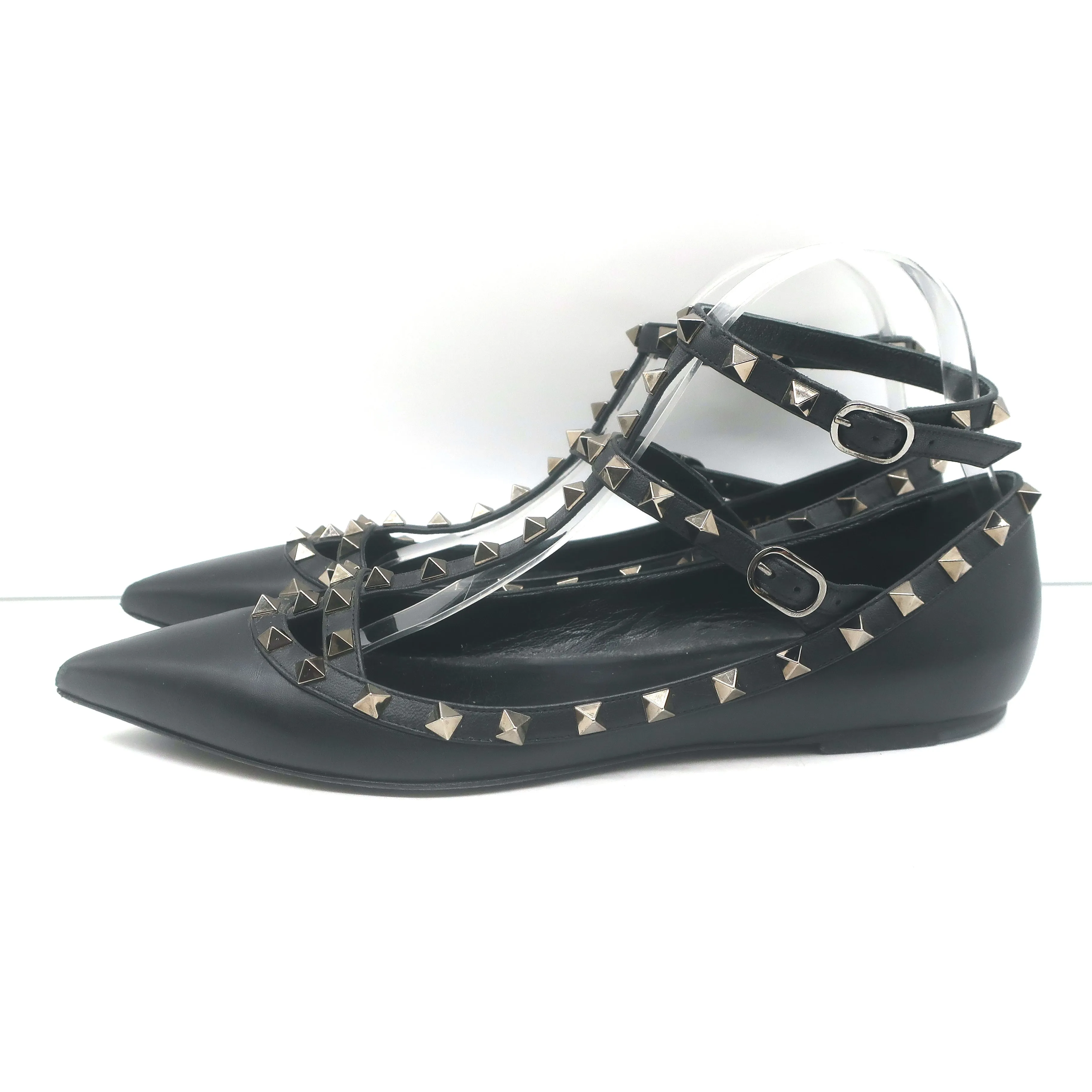 Valentino Noir Rockstud Caged Ballet Flats Black Leather Size 41