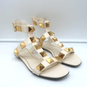 Valentino Roman Stud Ankle Strap Flat Sandals Cream Leather Size 36