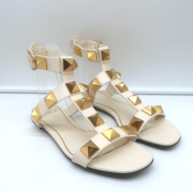 Valentino Roman Stud Ankle Strap Flat Sandals Cream Leather Size 36