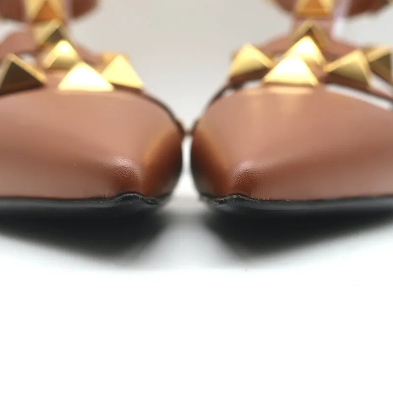 Valentino Roman Stud Ankle Strap Flats Brown Leather Size 38.5 NEW