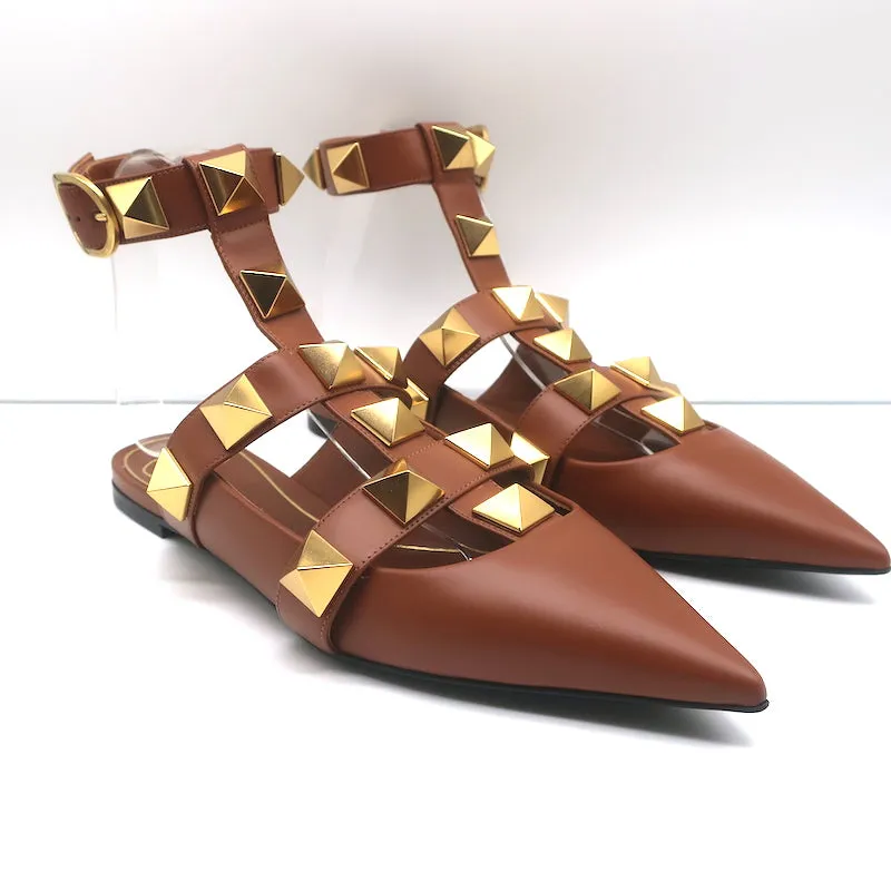 Valentino Roman Stud Ankle Strap Flats Brown Leather Size 38.5 NEW