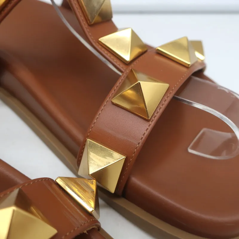 Valentino Roman Stud Slide Sandals Brown Leather Size 36