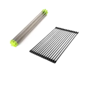 Vanki Over the Sink Multipurpose Roll-Up Dish Drying Rack Stainless Steel and Silicon Foldable 18.5"x 11(L (L)Green 1pcs