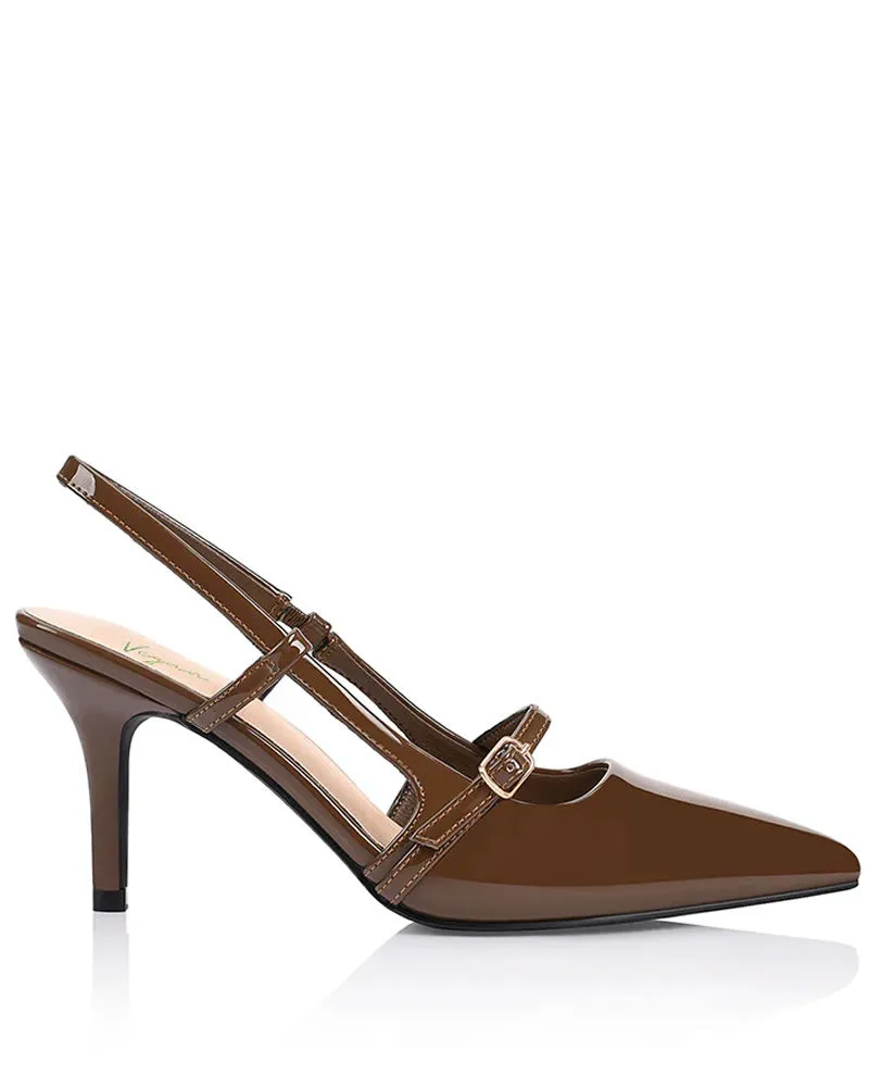 Verali Leia Slingback Stilettos - Cocoa Brown Patent