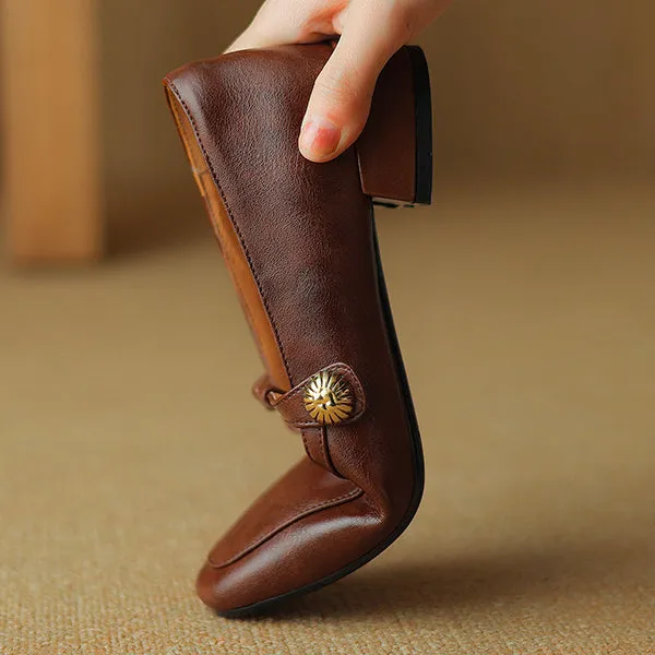 Vintage Leather Mary Jane Shoes for Women with T-Strap and Chunky Heel