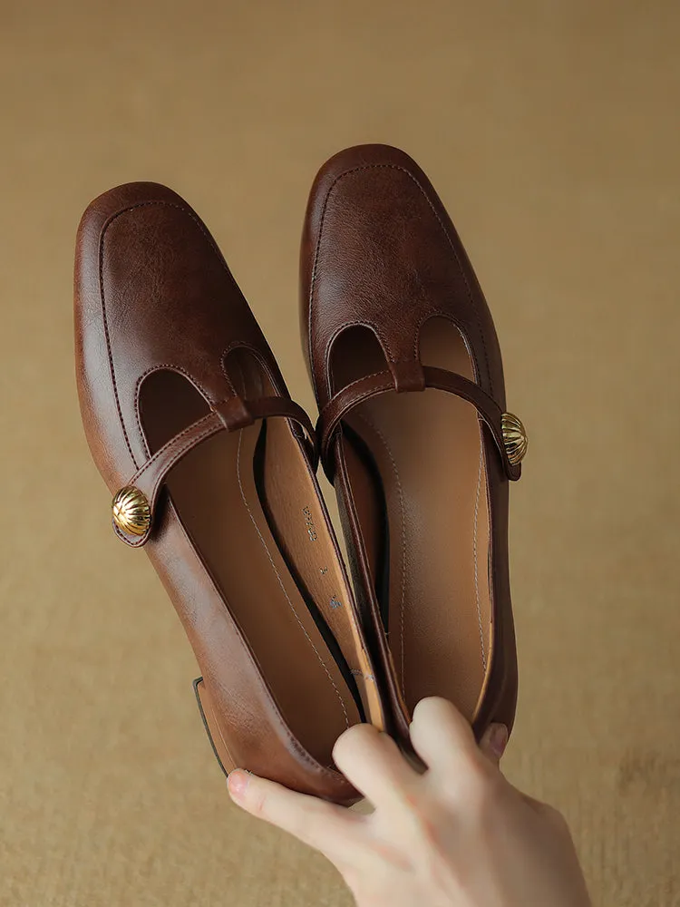 Vintage Leather Mary Jane Shoes for Women with T-Strap and Chunky Heel