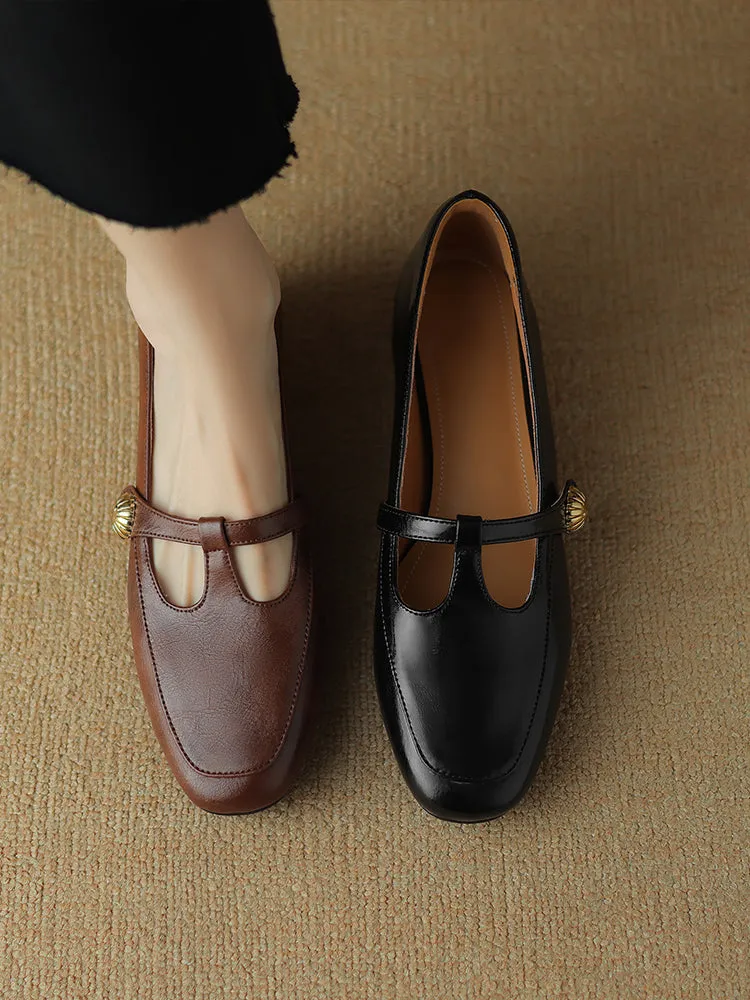 Vintage Leather Mary Jane Shoes for Women with T-Strap and Chunky Heel