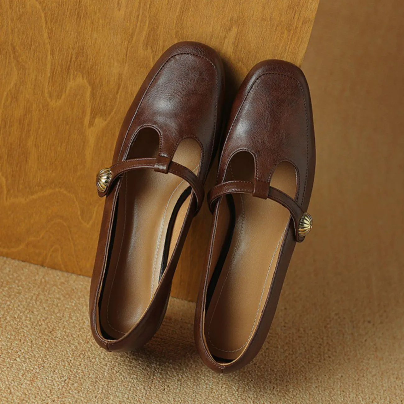 Vintage Leather Mary Jane Shoes for Women with T-Strap and Chunky Heel
