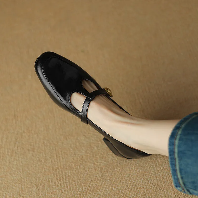Vintage Leather Mary Jane Shoes for Women with T-Strap and Chunky Heel