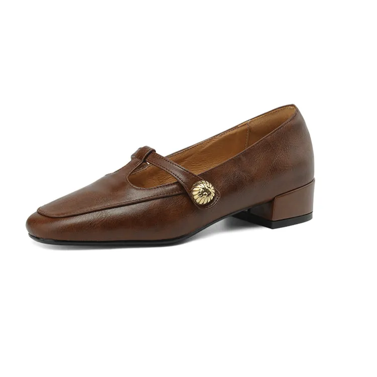Vintage Leather Mary Jane Shoes for Women with T-Strap and Chunky Heel