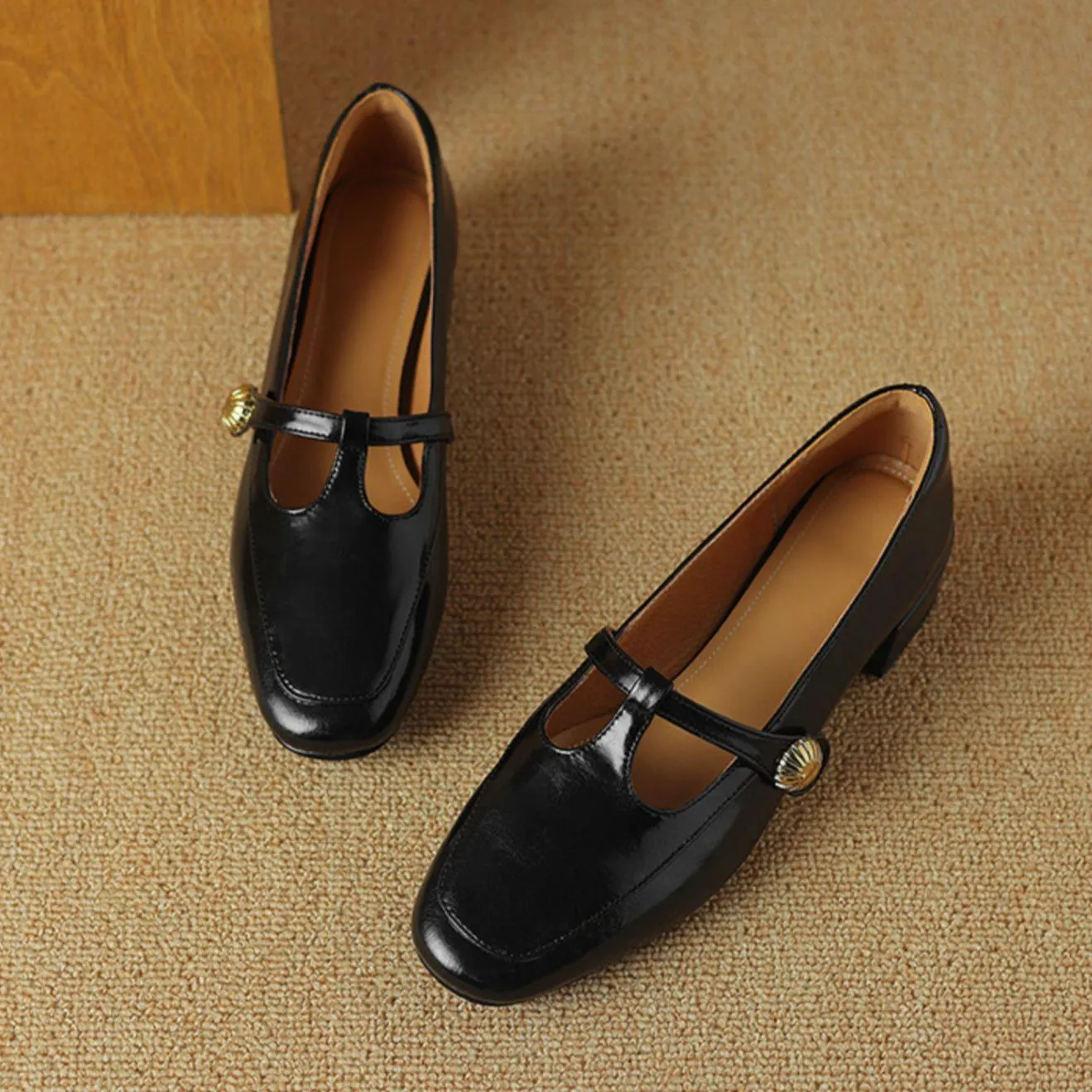 Vintage Leather Mary Jane Shoes for Women with T-Strap and Chunky Heel