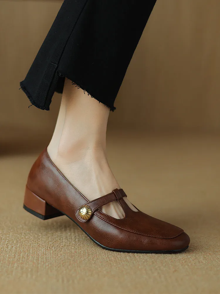 Vintage Leather Mary Jane Shoes for Women with T-Strap and Chunky Heel