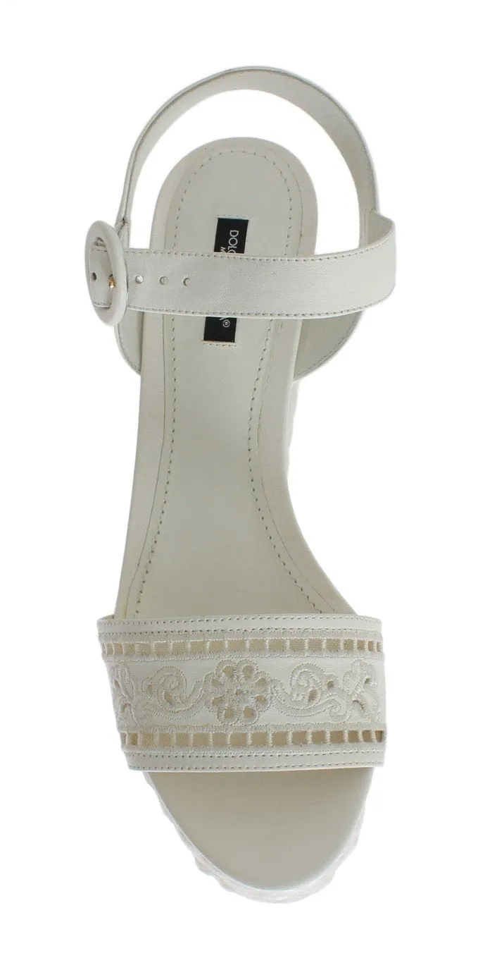 White Leather Cutout Wedges Sandals