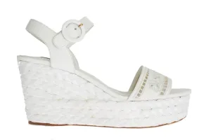 White Leather Cutout Wedges Sandals