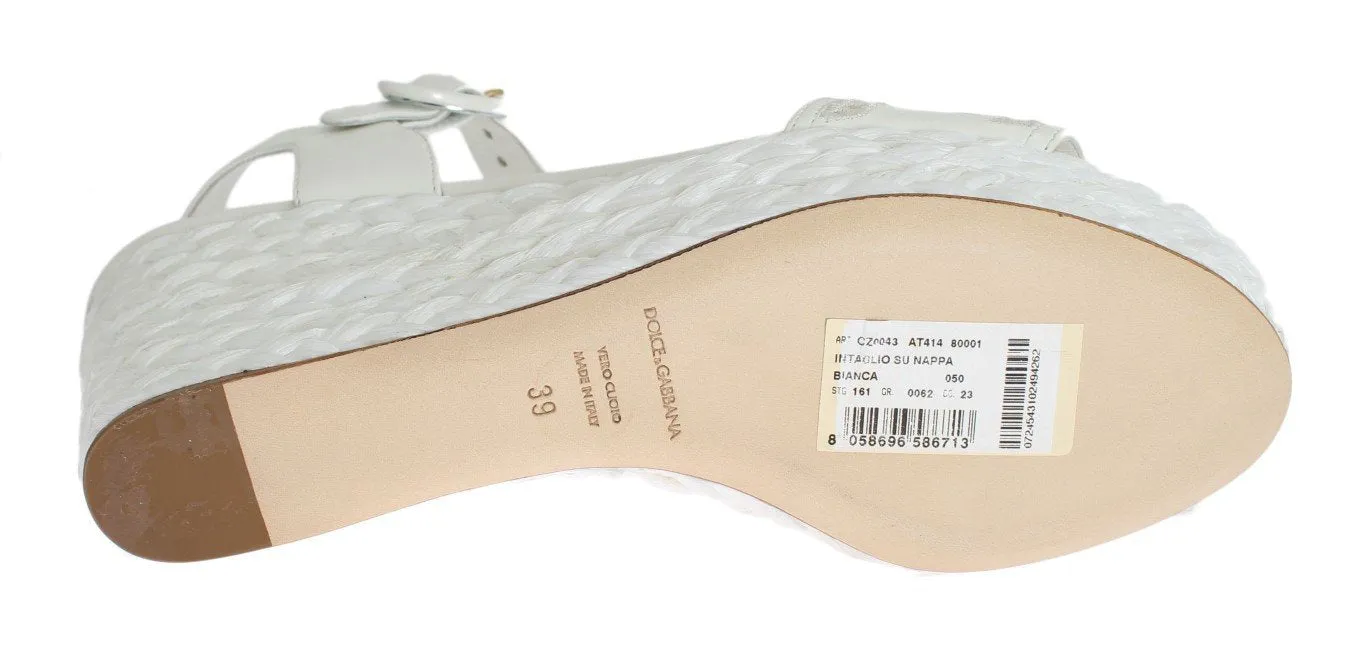 White Leather Cutout Wedges Sandals