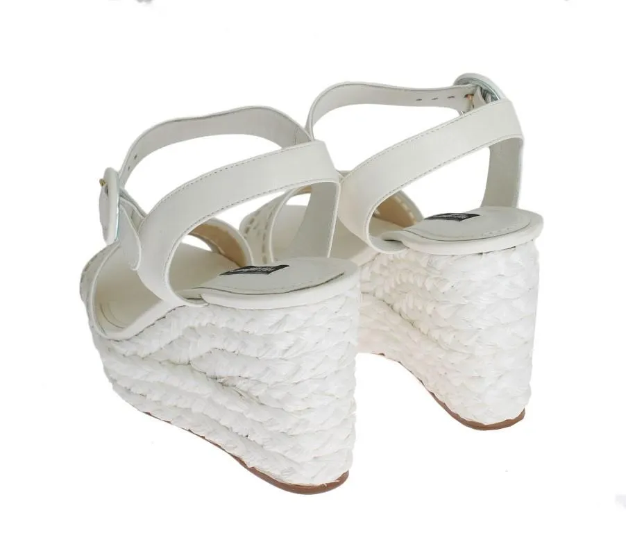 White Leather Cutout Wedges Sandals