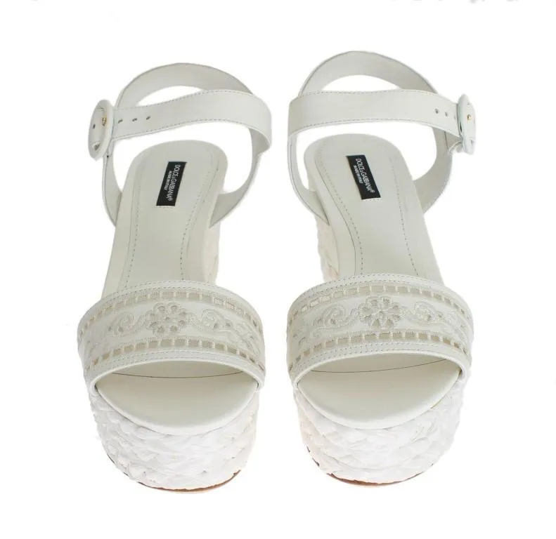 White Leather Cutout Wedges Sandals