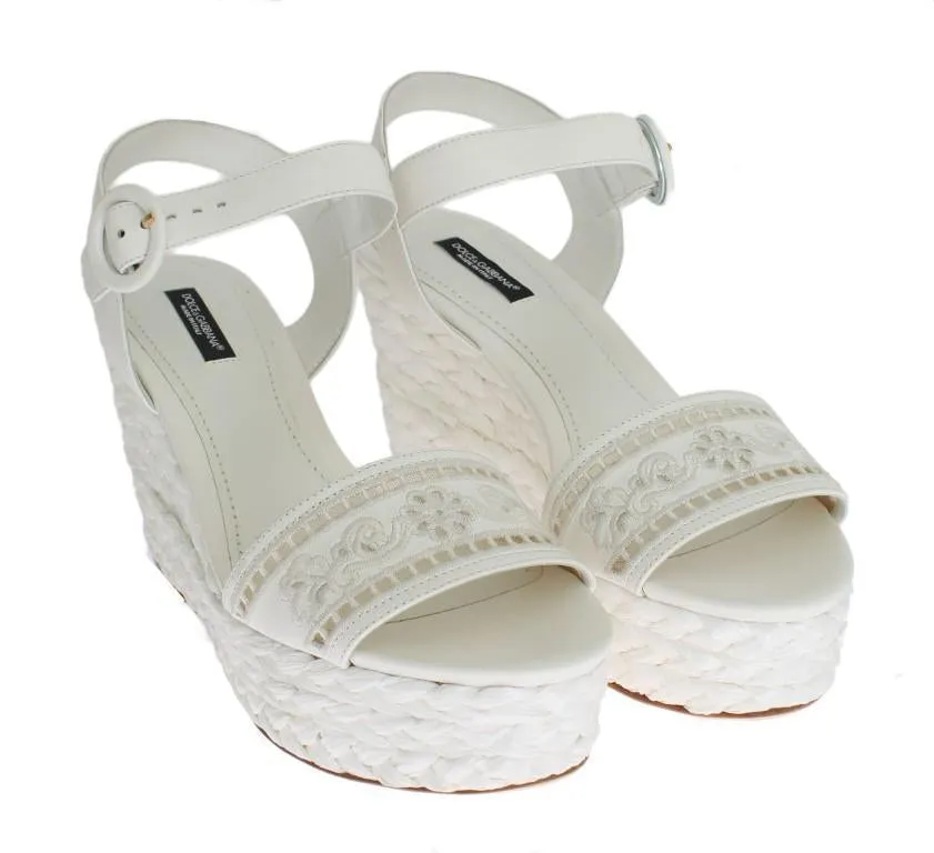 White Leather Cutout Wedges Sandals