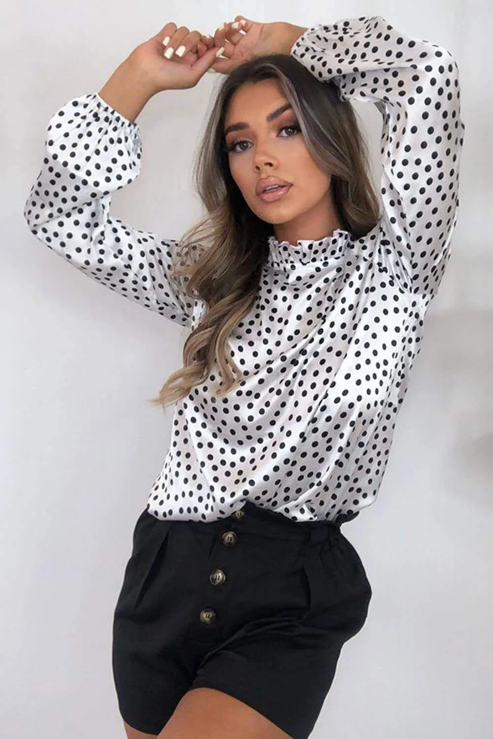White Polka Dot Long Sleeve Top