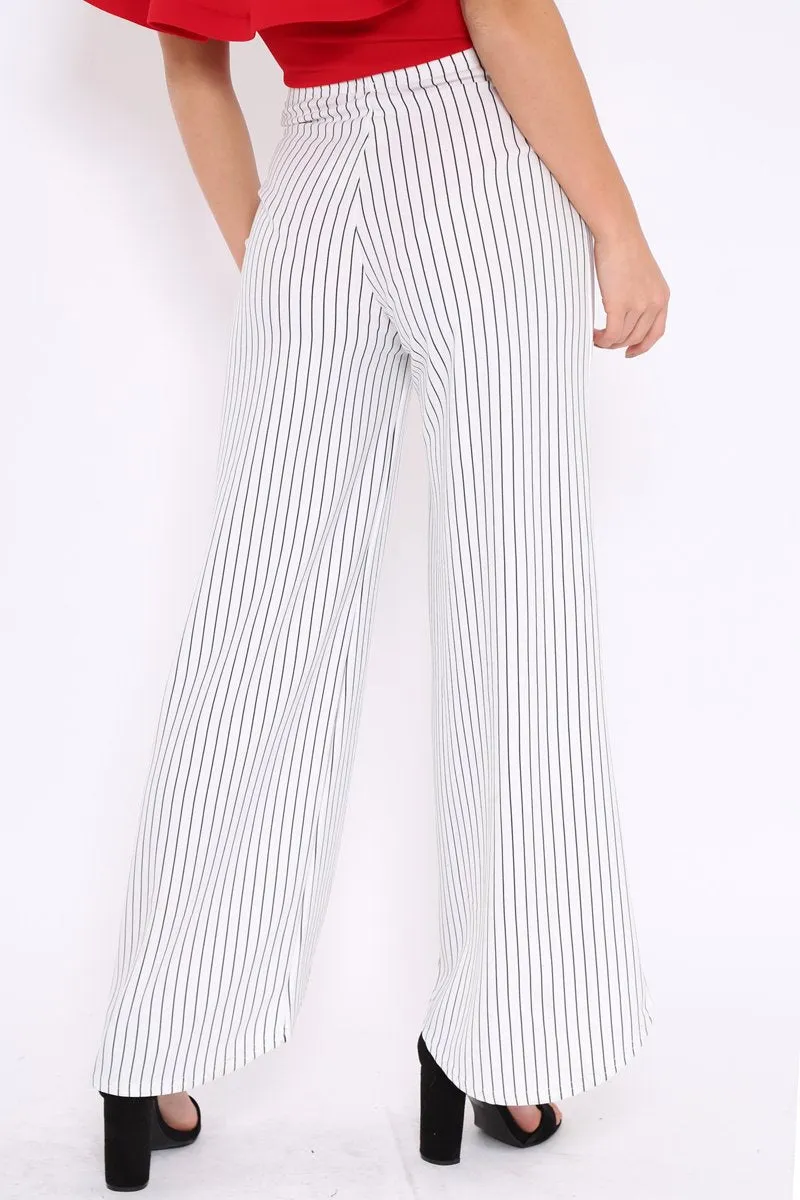 White Striped High Waist Split Front Flare Trousers - Reana