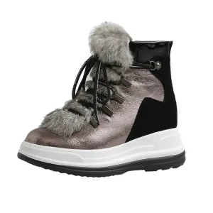 Woman Ankle Boots Fur Cow Leather  Wedge Heels Lace Up Winter Platform Ladies Motorcycle Snow Boots Size 3-12